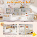 Twin/Full Size Montessori Floor Bed with Bookcase Storage Shelves & Safety Fence Rails White/Gray