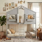 Twin Size House-Shaped Loft Bed, Wood Playhouse Loft Bed with Ladder & Guardrails for Kids