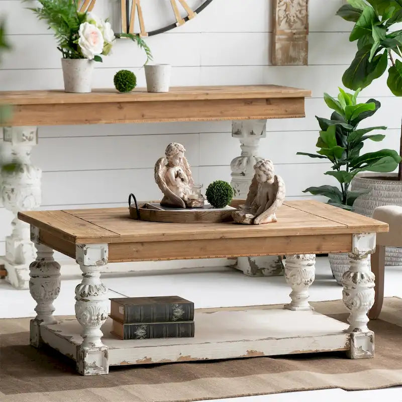 Table basse rectangulaire en bois blanc ancien patiné