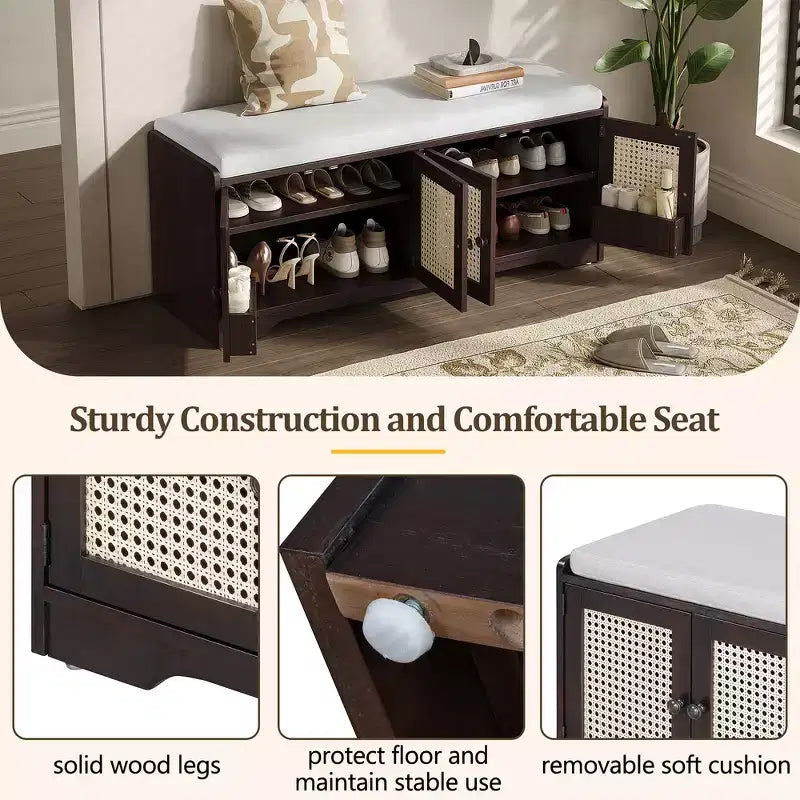 Banc de rangement rustique en bois Whisen, banc à chaussures pour entrée avec coussin amovible et étagères réglables