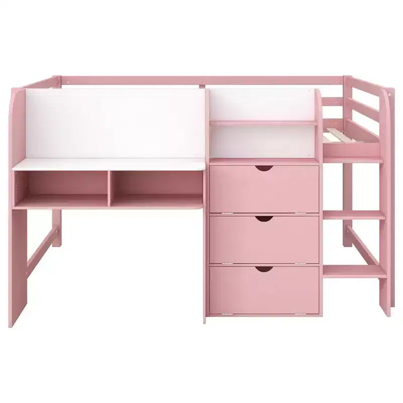 Laag stapelbed in roze/wit met bureau, opbergruimte en whiteboard - C voor 1 persoon, eenpersoonsbed