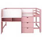 Laag stapelbed in roze/wit met bureau, opbergruimte en whiteboard - C voor 1 persoon, eenpersoonsbed