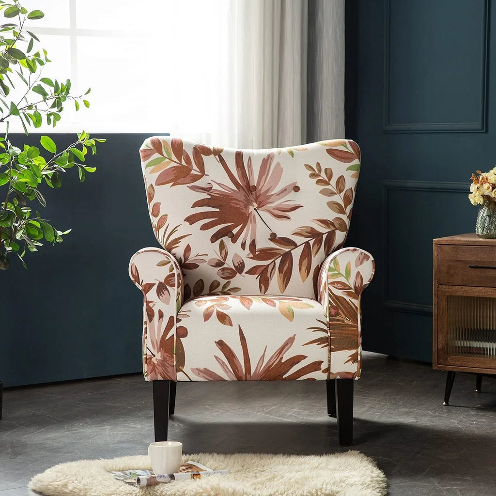 Erommy moderne accentstoel, fauteuil met hoge rugleuning, gestoffeerde stoffen fauteuil met knopen en houten poten voor de woonkamer