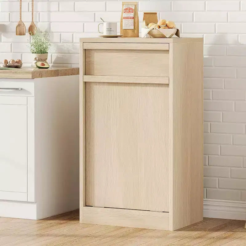 Poubelle inclinable en chêne naturel avec rangement et tiroir, meuble cache-poubelle, panier à linge pour cuisine, salle à manger et salon