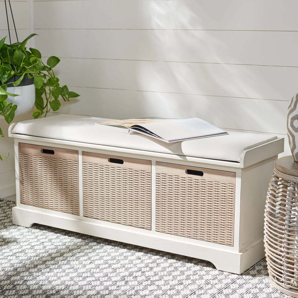 SAFAVIEH Fiorello 3-Drawer with Cushion Storage Bench - 47.3 W x 15 L x 19 H - 47Wx15Dx19H