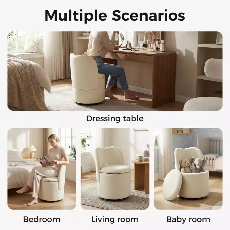 Chaise de coiffeuse pivotante avec rangement, tabouret rond rembourré avec dossier, fauteuil tonneau d’appoint doux et rembourré pour chambre et salon