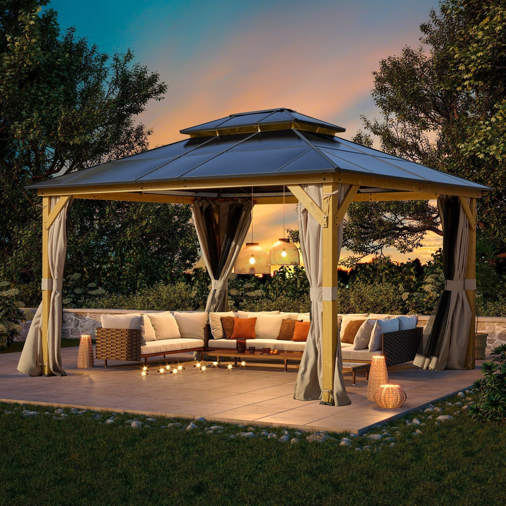 EROMMY Pavillon mit festem Dach, Outdoor-Pergola mit Doppeldach, Netzvorhängen und Vorhängen, robustes Vordach für Terrasse, Garten und Poolpartys
