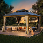 EROMMY Pavillon mit festem Dach, Outdoor-Pergola mit Doppeldach, Netzvorhängen und Vorhängen, robustes Vordach für Terrasse, Garten und Poolpartys