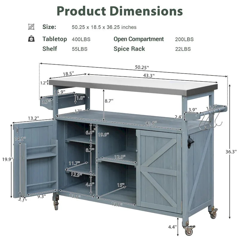 Outdoor-Kücheninsel, rollbarer Barwagen und Aufbewahrungsschrank, Grilltisch aus Massivholz mit Edelstahlplatte, Gewürzregal und Handtuchhalter