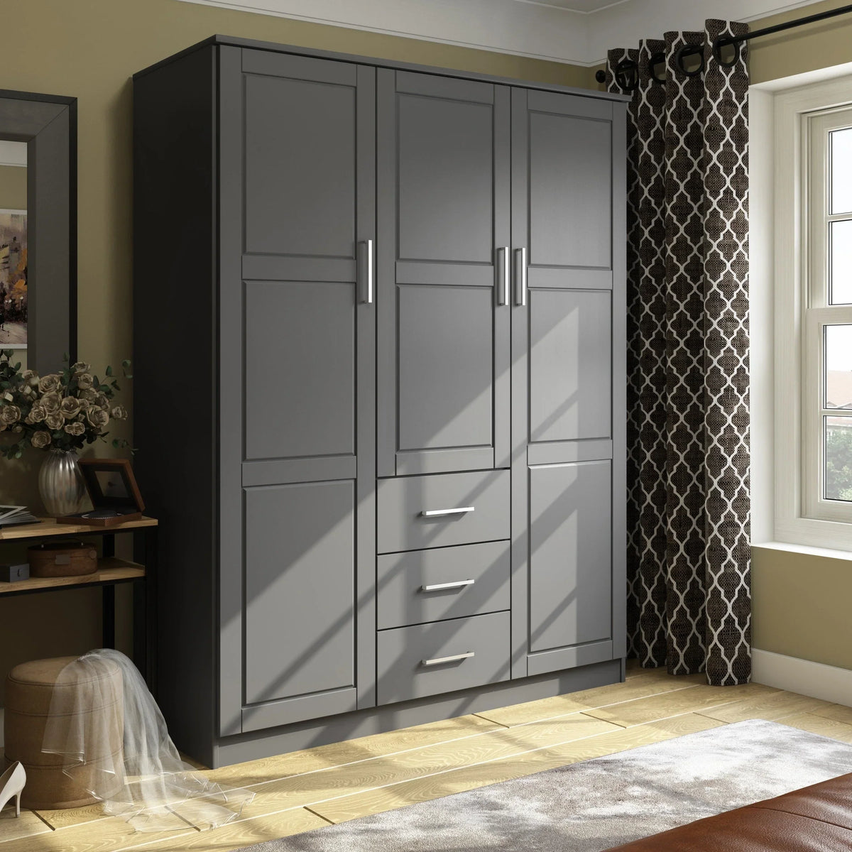 Palace Imports Cosmo 3-türiger Kleiderschrank aus 100 % Massivholz mit Türen aus Massivholz oder Spiegelglas