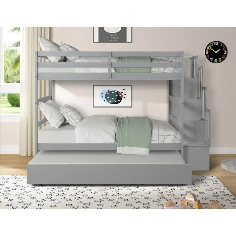 Lits superposés jumeaux avec lit gigogne jumeau et rangements dans l’escalier, coloris gris