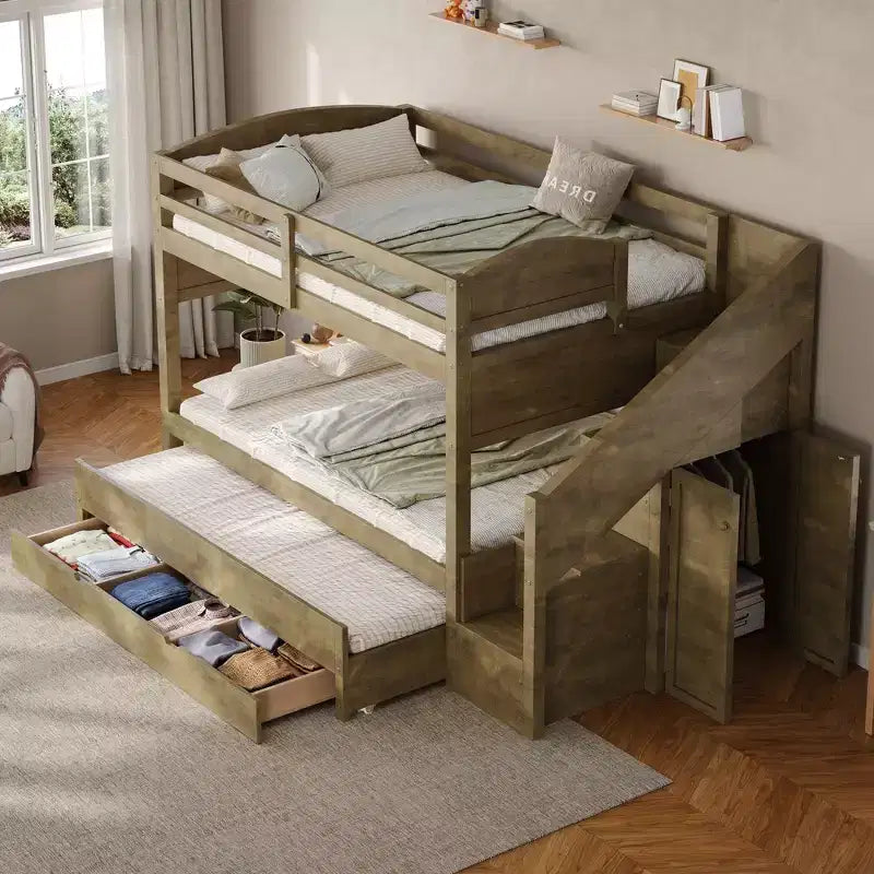 Cadre de lit superposé Whisen Twin XL avec lit gigogne, rangement, escalier de rangement en bois massif, armoire et 3 tiroirs, pour enfants