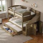 Cadre de lit superposé Whisen Twin XL avec lit gigogne, rangement, escalier de rangement en bois massif, armoire et 3 tiroirs, pour enfants