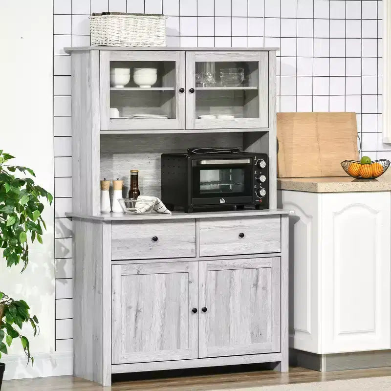 HOMCOM Küchenbuffet mit Aufsatz, 63,5 Zoll, Vorratsschrank mit 4 Regalböden, Schubladen, gerahmten Glastüren und offener Arbeitsfläche für die Mikrowelle