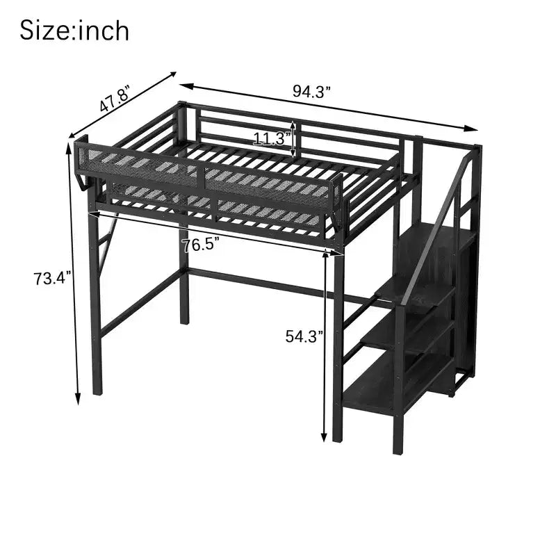 Okak 94-Zoll-Hochbett in Twin-Größe mit Kleiderschrank, Twin-Bett mit Ablagefächern und Korb, Bettgestell für Schlafzimmer und Wohnheim