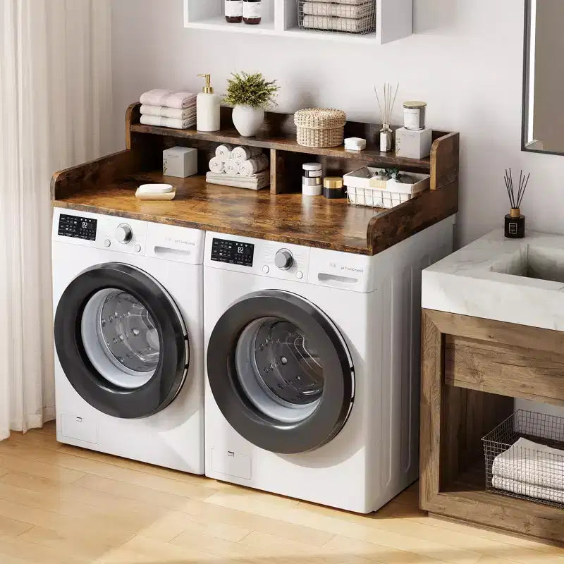 Plan de travail à 2 niveaux pour lave-linge et sèche-linge avec étagère ou tiroirs, couvre-plan de buanderie avec tapis antidérapant, dessus de 54X27.5 pour plier le linge