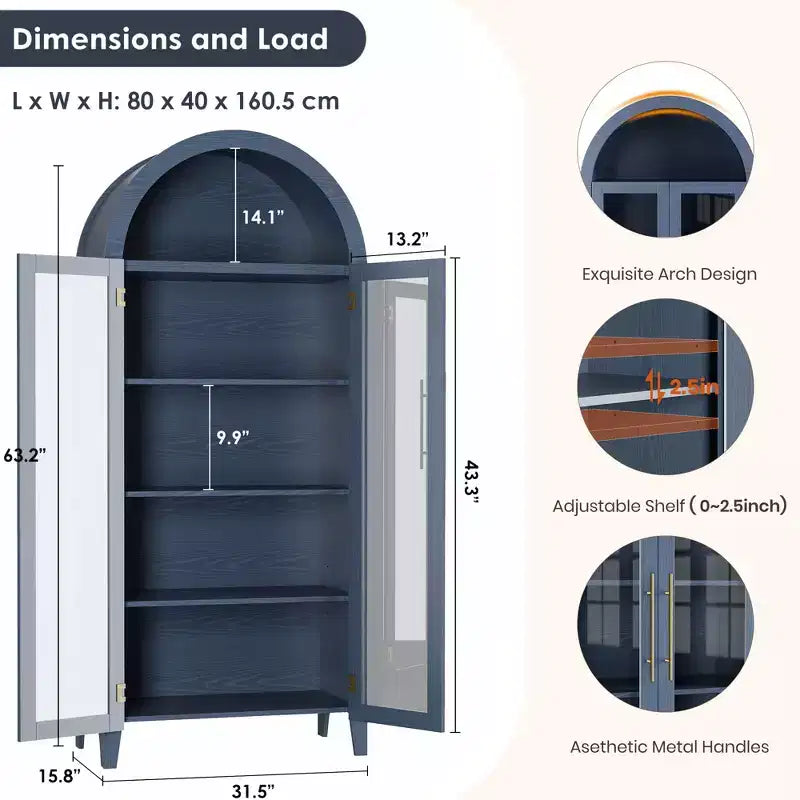 Armoire de rangement haute et cintrée avec portes vitrées, bibliothèque d’exposition à 5 niveaux avec étagères réglables pour la cuisine ou le salon