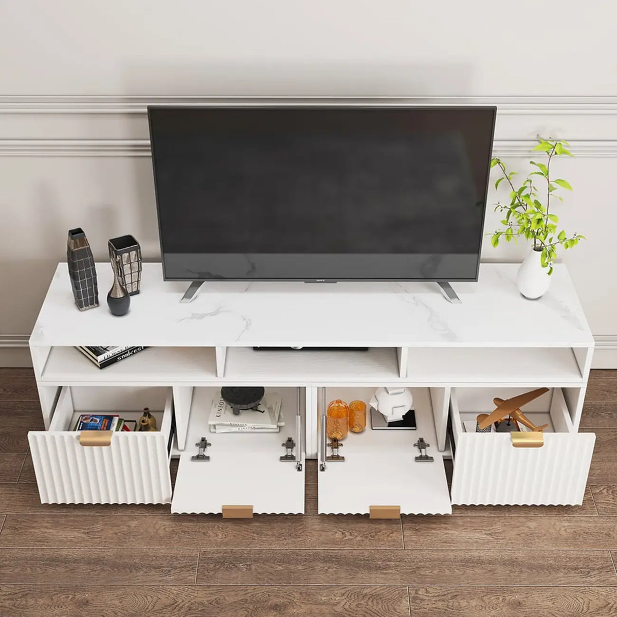 Meuble TV d'angle moderne blanc à 2 tiroirs avec rangement ouvert