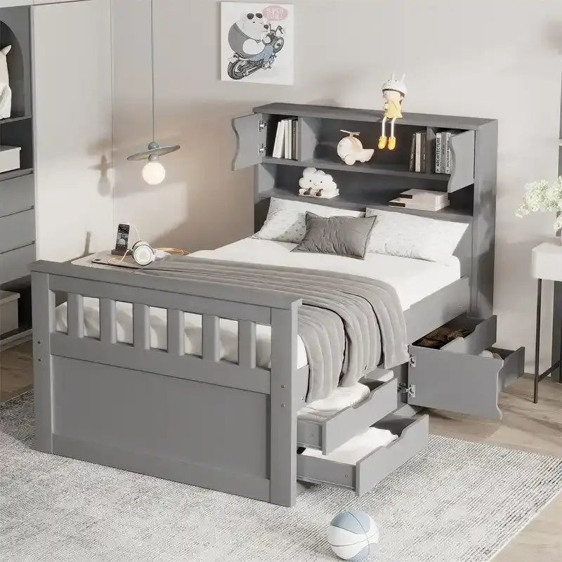 Lit plateforme de capitaine Twin/Full avec 4 tiroirs et étagères de rangement, structure en bois massif avec tête de lit bibliothèque et rangements