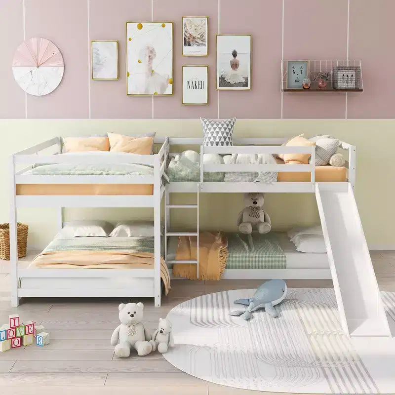 L-vormig stapelbed voor 4 kinderen, vierpersoons stapelbed met glijbaan, houten stapelbedframe met full- en twinbed voor slaapkamer of slaapzaal