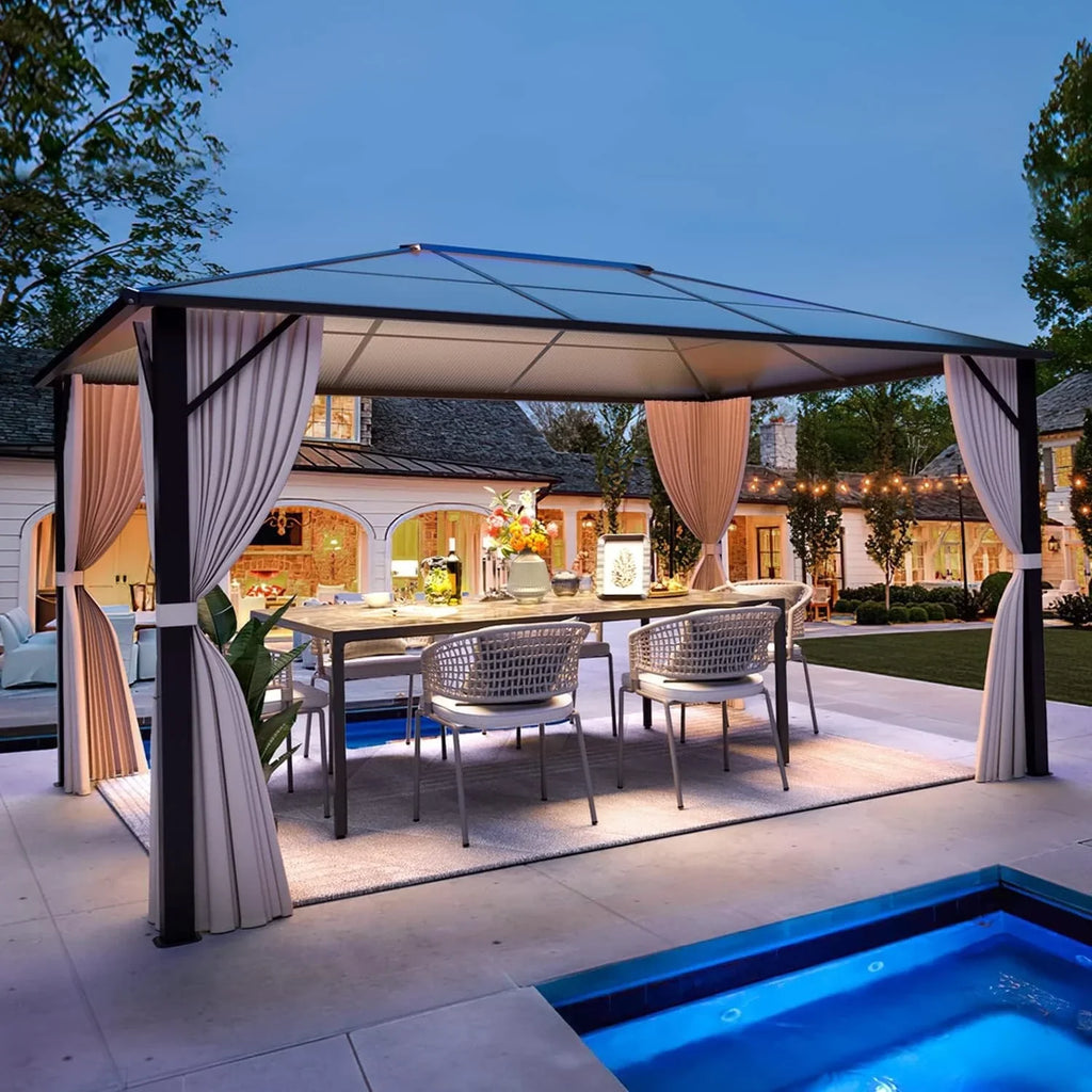 EROMMY Pavillon mit festem Dach, Outdoor-Pergola mit Doppeldach, Netzvorhängen und Vorhängen, robustes Vordach für Terrasse, Garten und Poolpartys