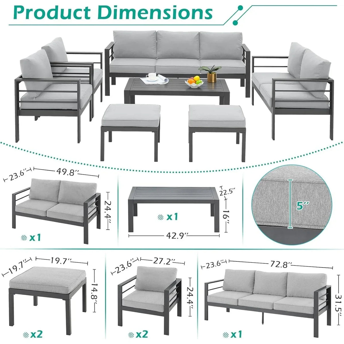 AECOJOY 7-teiliges Aluminiummöbel-Set für die Terrasse, Outdoor-Sitzgruppe
