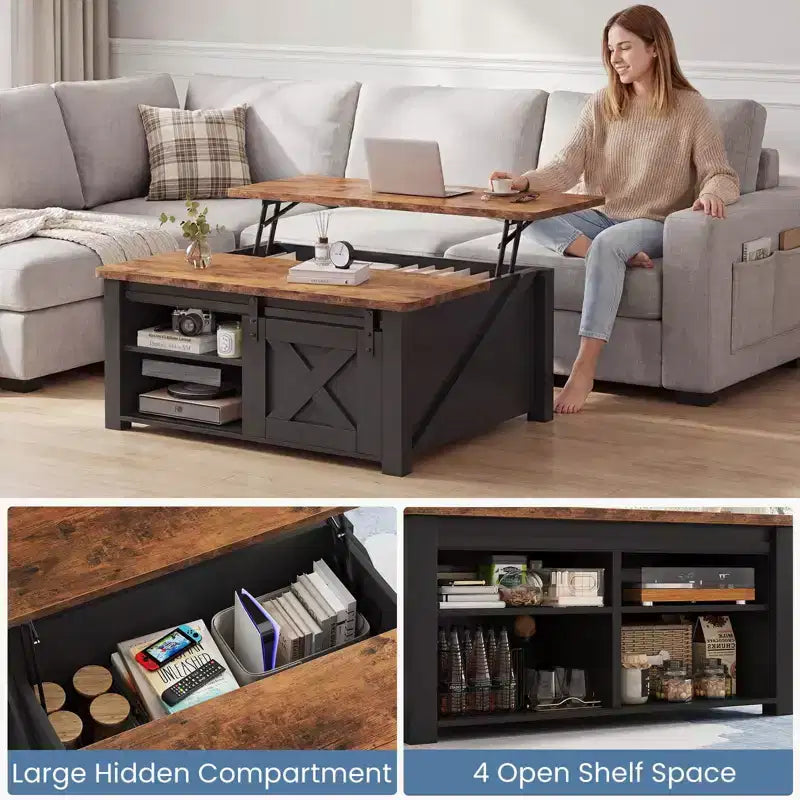 Table basse relevable JIONJOY de 31,5 po avec grand espace de rangement dissimulé, étagères réglables, table centrale carrée de style champêtre pour salon et petits espaces