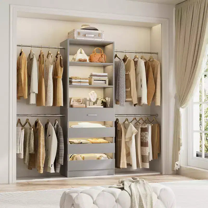 Système d’organisation de dressing en bois Besiost de 4 à 9 pieds avec 4 tiroirs, 4 tringles et des colonnes d’étagères