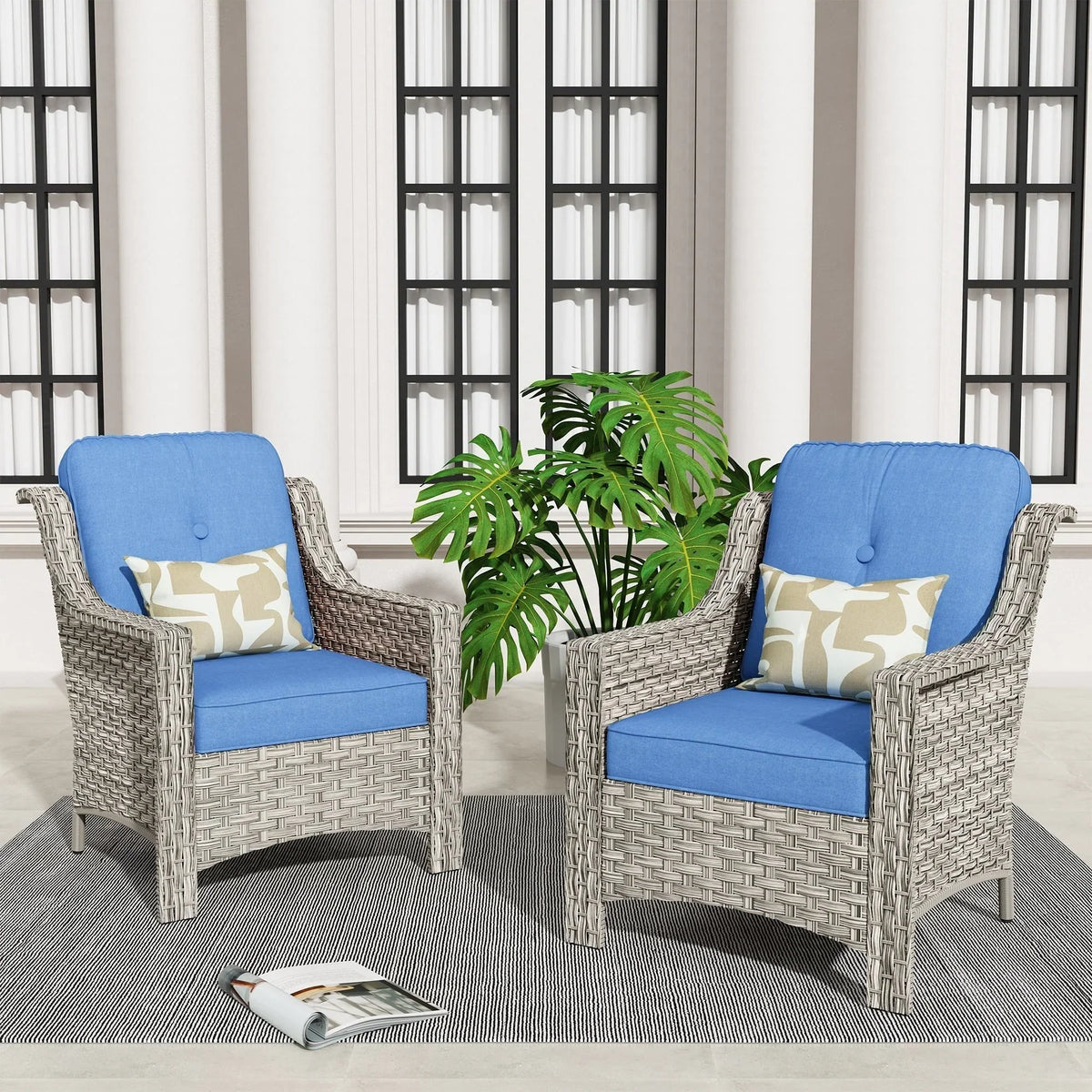 Ensemble de 2 fauteuils de jardin d’extérieur HOOOWOOO en rotin tressé à dossier haut