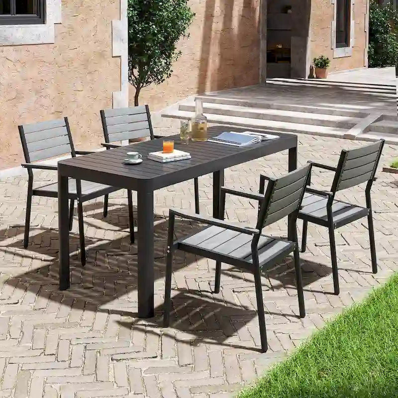 5/7-teiliges Aluminium-Essset für die Terrasse mit stapelbaren Stühlen und ausziehbarem Tisch