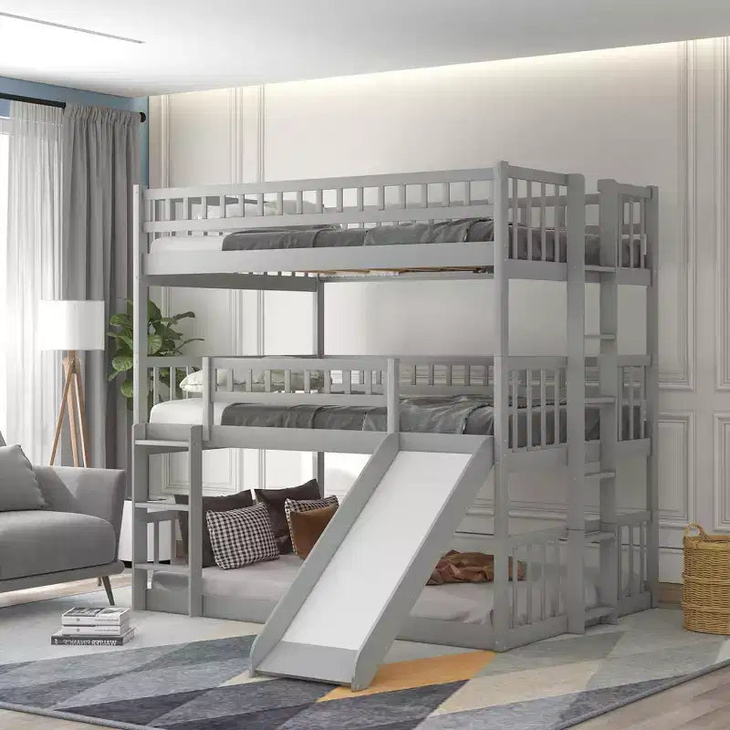 Dreistöckiges Etagenbett Full über Full mit umbaubarer Leiter und Rutsche, dreistöckiges Bett mit Sicherheitsgittern, Weiß/Grau/Espresso – ModernLuxe