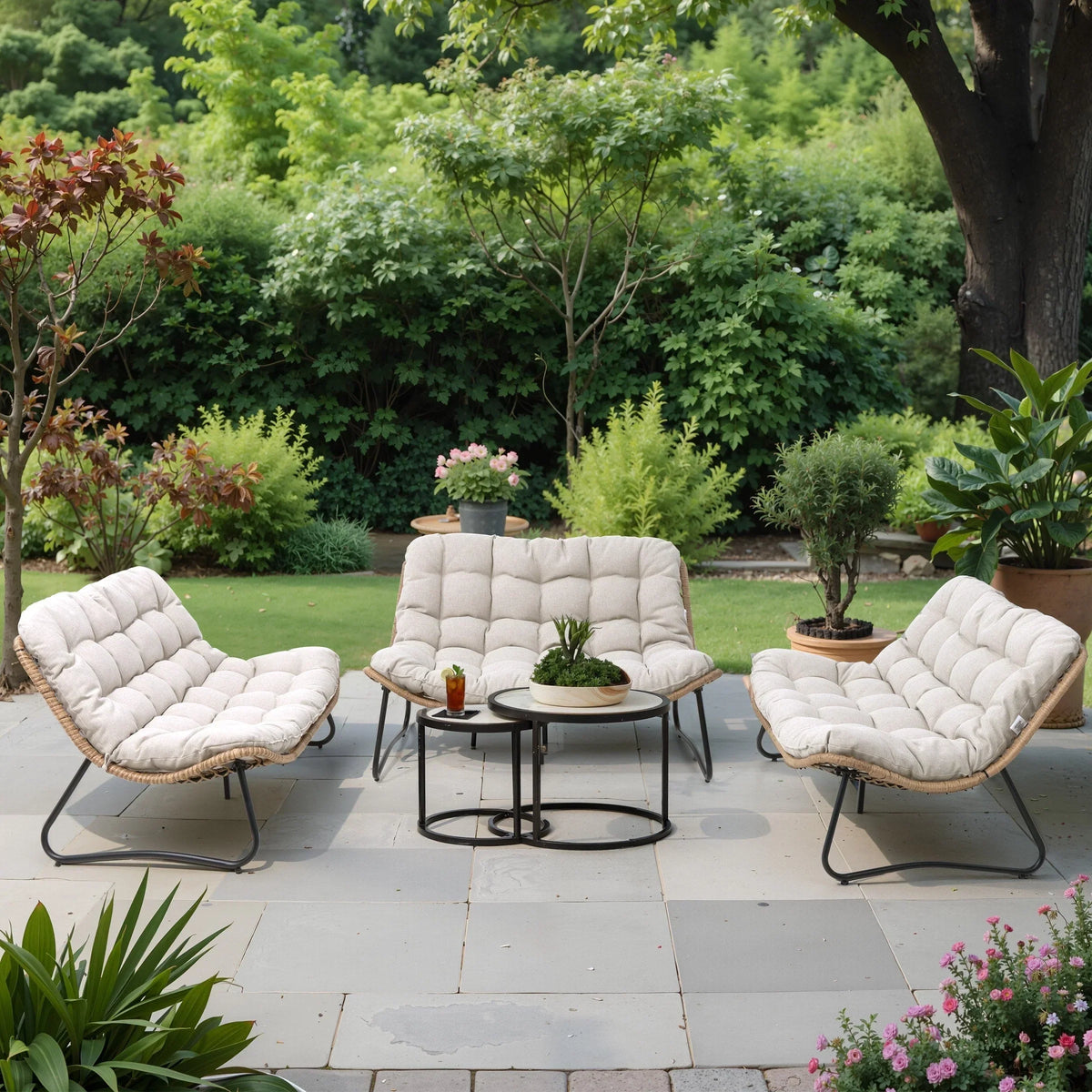Fauteuil double Papasan avec coussin, rotin PE toutes saisons et structure en métal, pour intérieur et extérieur