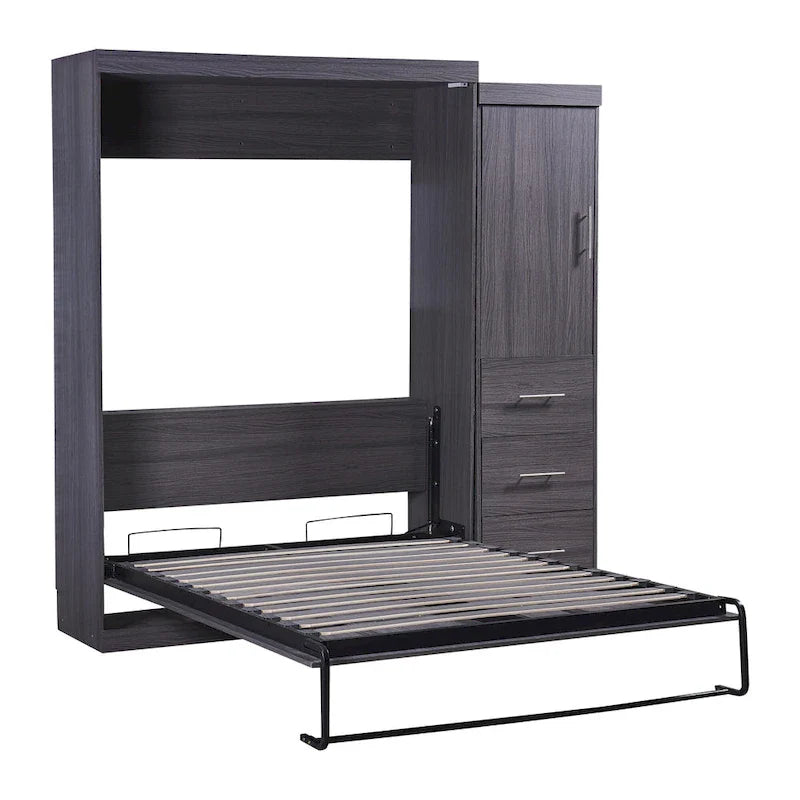 Graues klappbares Schrankbett mit Kleiderschrank und 3 Schubladen, Doppelbett/Einzelbett, für 1 Person