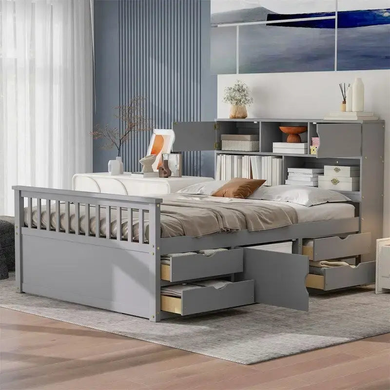 Lit plateforme de capitaine Twin/Full avec 4 tiroirs et étagères de rangement, structure en bois massif avec tête de lit bibliothèque et rangements