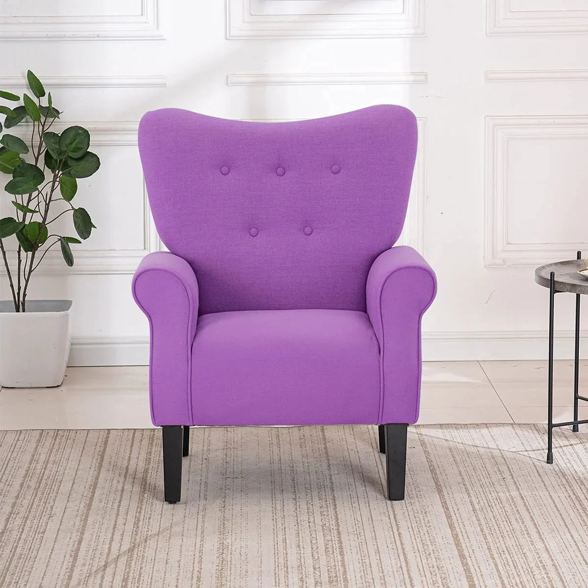 Erommy moderne accentstoel, fauteuil met hoge rugleuning, gestoffeerde stoffen fauteuil met knopen en houten poten voor de woonkamer