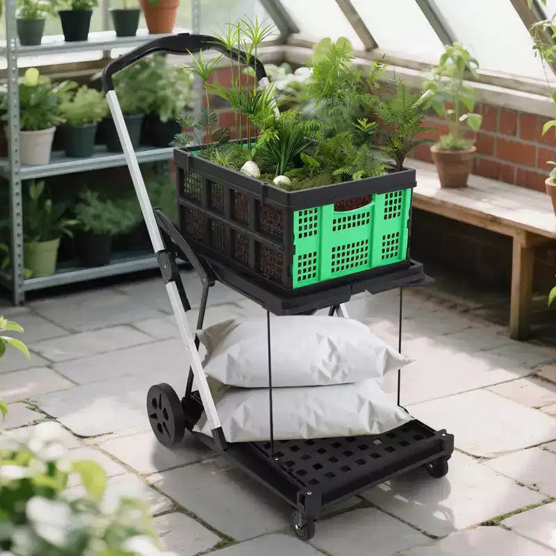 Opvouwbare winkelwagens met 2 etages voor boodschappen, draagvermogen van 198 lb, inklapbare draagbare boodschappenwagen met wielen en afneembare krat voor winkelcentrum of markt, blauw