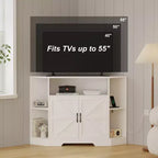Eck-TV-Ständer für Fernseher bis 55 Zoll, Medienkonsole im Landhausstil mit Scheunentür, offenen Regalen und Stauraumschrank, Weiß