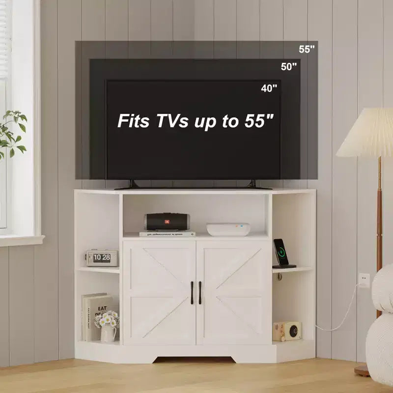 Eck-TV-Ständer für Fernseher bis 55 Zoll, Medienkonsole im Landhausstil mit Scheunentür, offenen Regalen und Stauraumschrank, Weiß