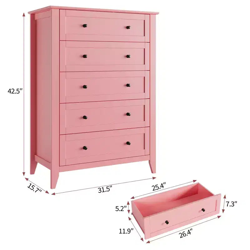 Commode haute de 42,5 po à 5 tiroirs pour chambre, armoire de rangement en bois avec tiroirs profonds de 11,9 po et boutons en métal doré, idéale pour l’entrée ou le couloir