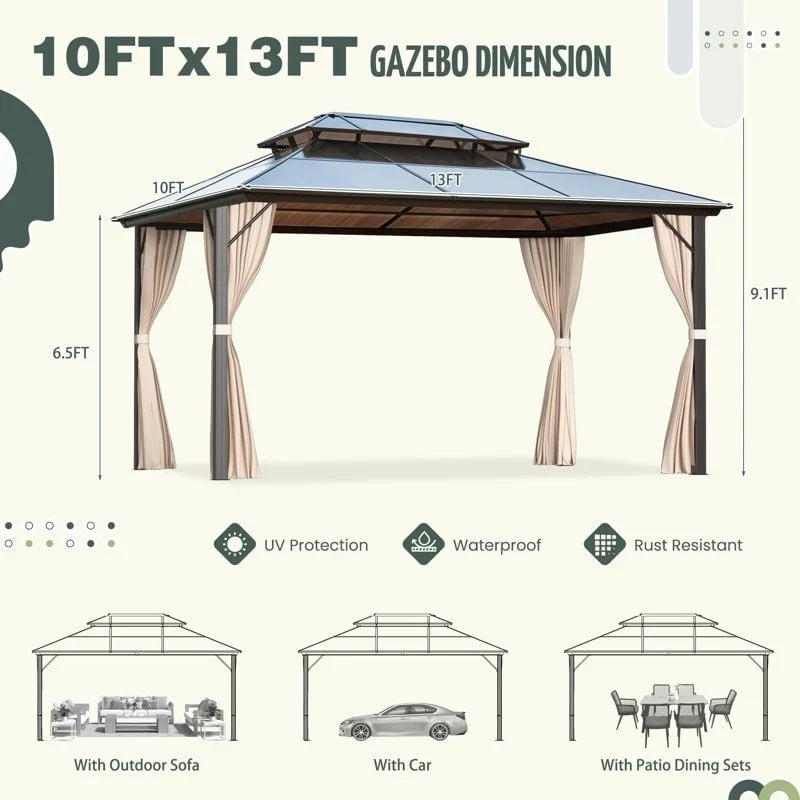 EROMMY Pavillon mit festem Dach, Outdoor-Pergola mit Doppeldach, Netzvorhängen und Vorhängen, robustes Vordach für Terrasse, Garten und Poolpartys