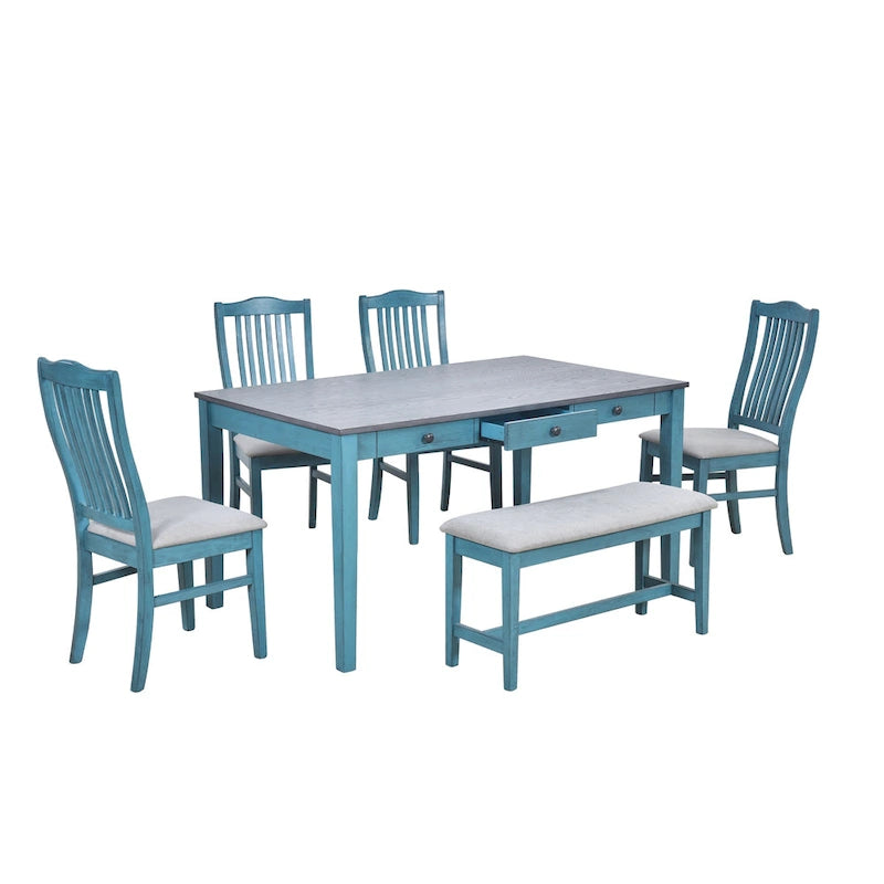 6-delige houten eetkamerset met 4 stoelen en bank, tafel met lade