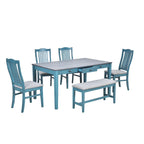 6-delige houten eetkamerset met 4 stoelen en bank, tafel met lade