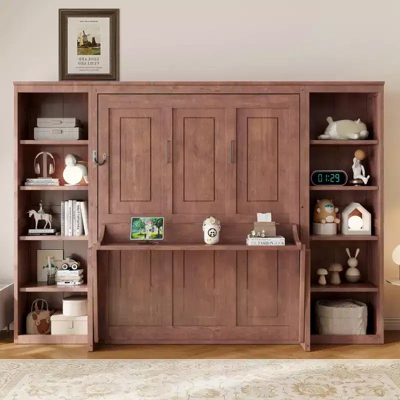Murphy-Bett in Full-/Queen-Größe, platzsparendes Wandbett mit Schreibtisch und Bücherregal, Dunkelbraun – ModernLuxe