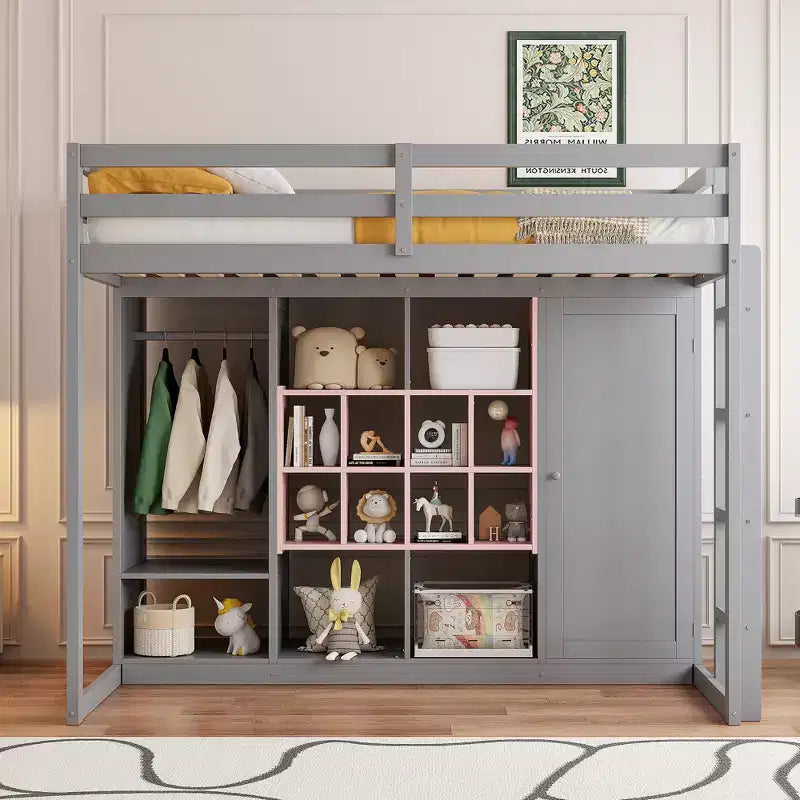 Kinder-Hochbett mit Kleiderschrank und Regalen, Hochbettgestell aus Holz mit Stauraumschrank für Kinder und Jugendliche