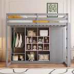 Kinder-Hochbett mit Kleiderschrank und Regalen, Hochbettgestell aus Holz mit Stauraumschrank für Kinder und Jugendliche