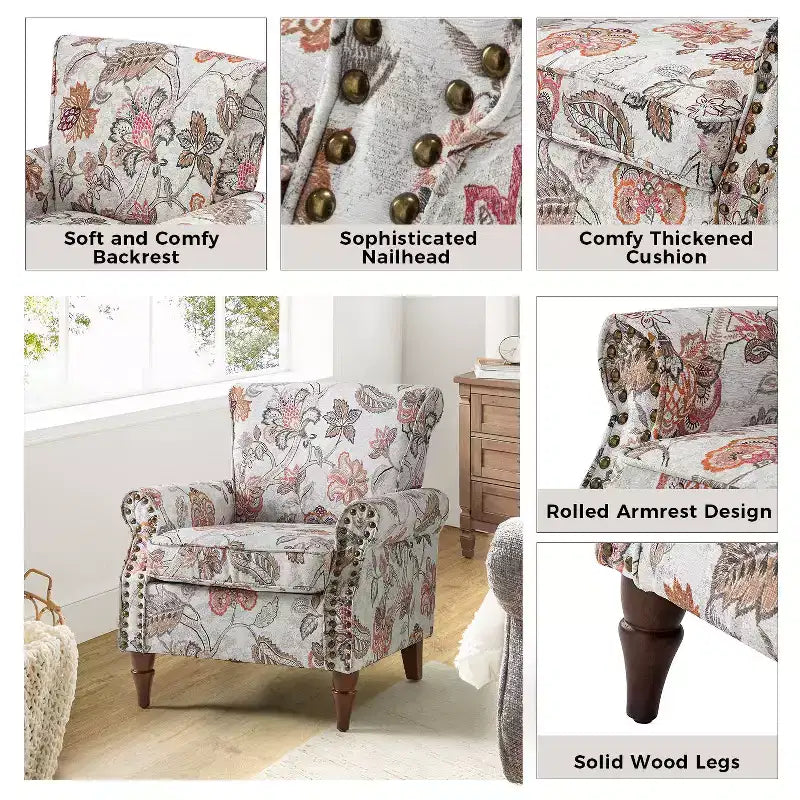 Fauteuil traditionnel Araceli en bois, rembourré à motif floral, avec dossier à oreilles et bordure cloutée| ART OF LIVING DESIGNS