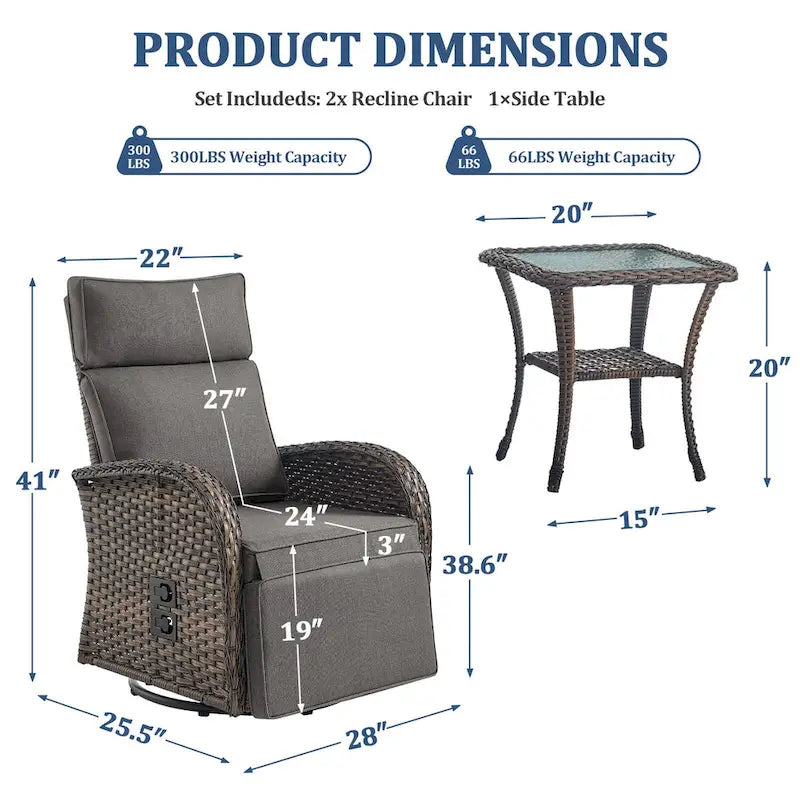 Pocassy 3-teiliges, vielseitiges Outdoor-Liegestuhl-Set mit Beistelltisch und grauem Polster