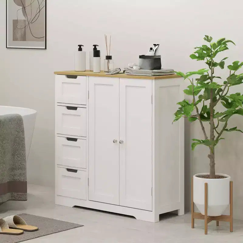 HOMCOM Bathroom Floor Cabinet with Adjustable Shelf, Freestanding Bathroom Storage Cabinet with 4 Drawers and 2 Doors, White