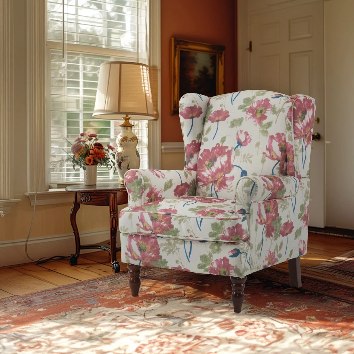 Erommy Modern Accent Chair, High Back Armchair, Upholstered Fabric Button Single Sofa with Wooden Legs for Living Room