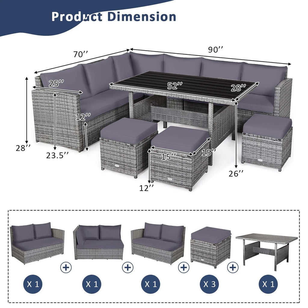 Costway Ensemble repas de jardin en rotin de 7 pièces, canapé d’angle, canapé et pouf — Voir les détails